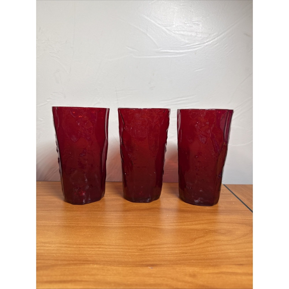 Vtg MCM Morgantown Crinkle Ruby Red Seneca Driftwood Juice Glasses Set of 3
